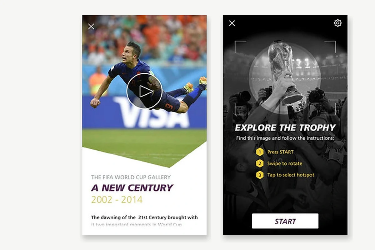 Duas telas históricas do aplicativo FIFA World Football Museum: conteúdos multimídia e realidade aumentada