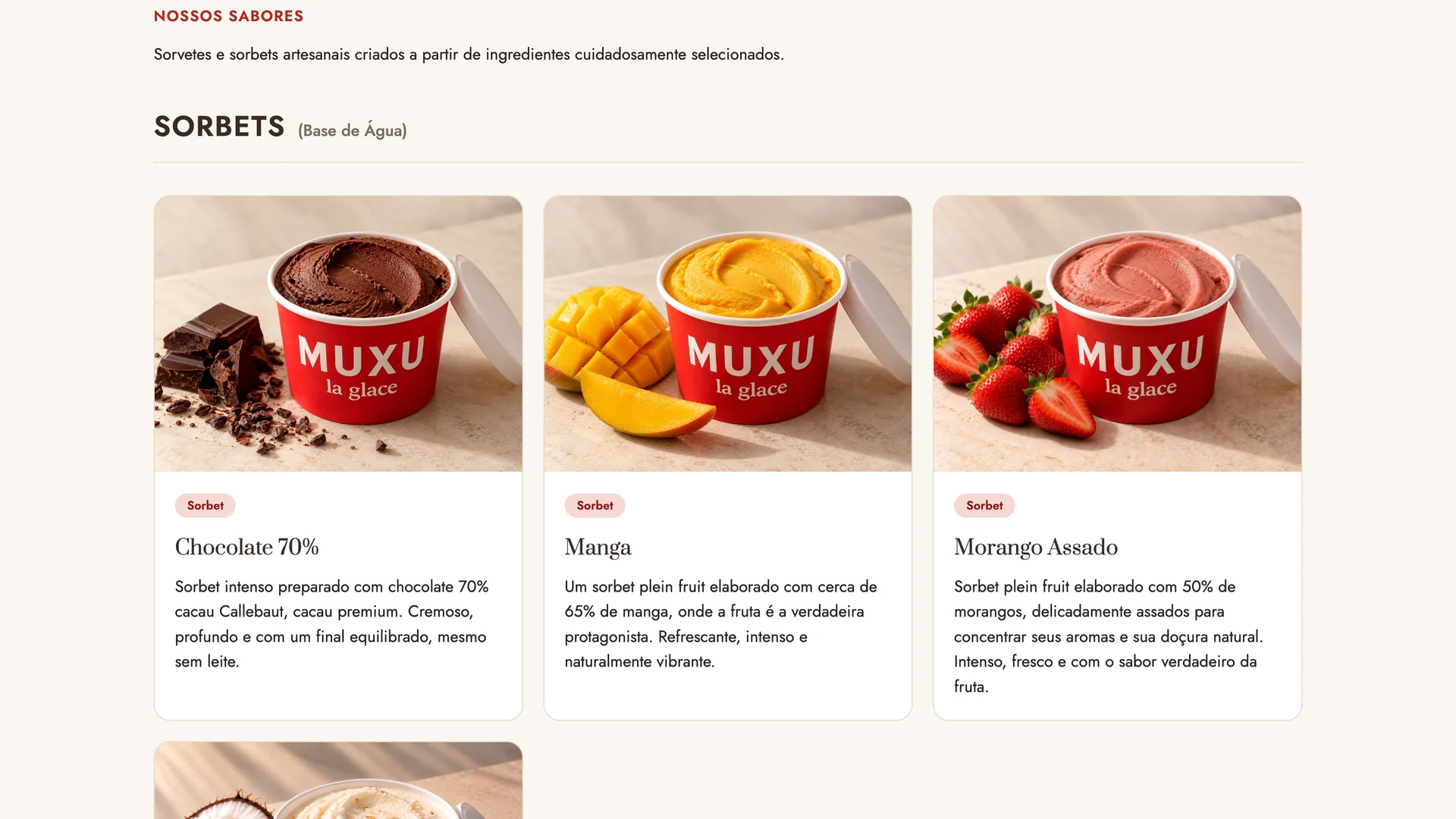 Website publicado MUXU: apresentação dos sorbets e sabores