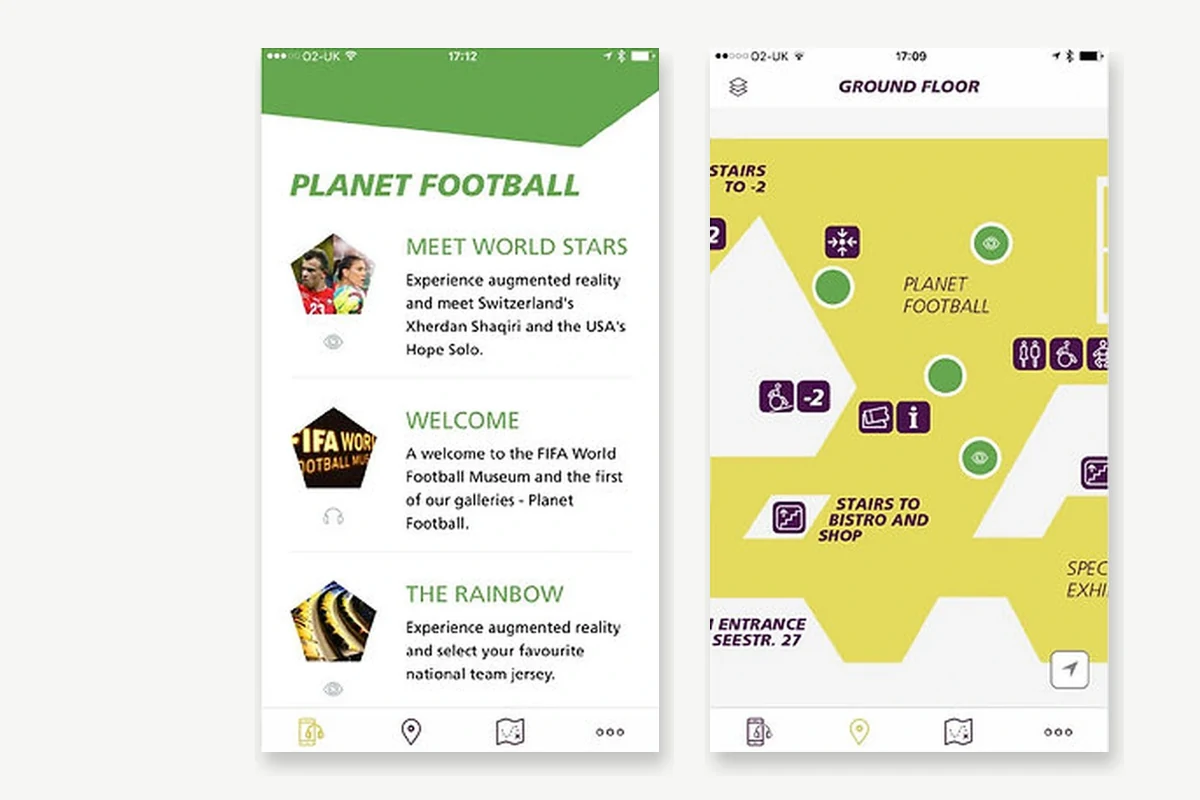 Duas telas históricas do aplicativo FIFA World Football Museum: Planet Football e mapa do museu
