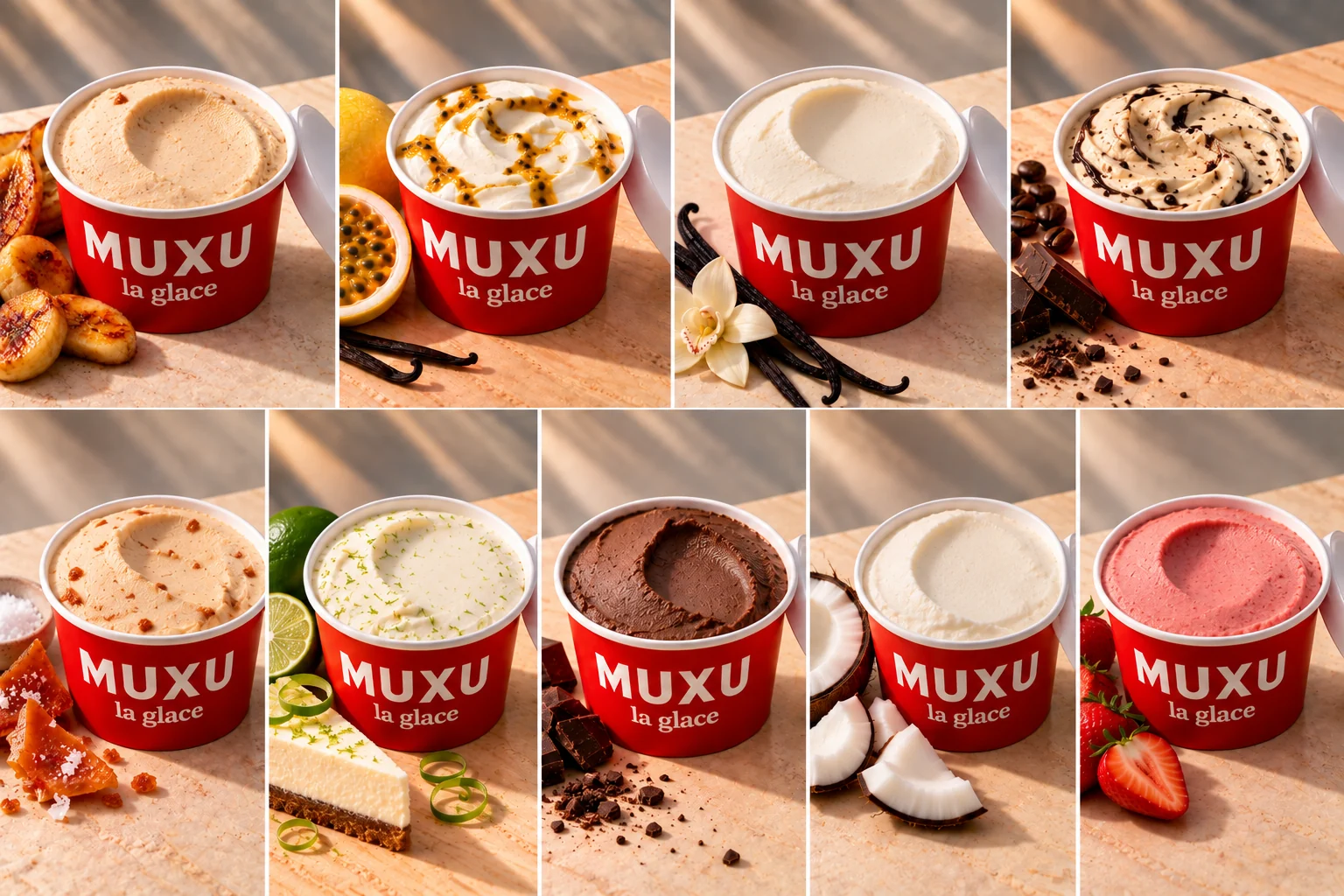 Série de packshots dos sabores MUXU gerados com IA
