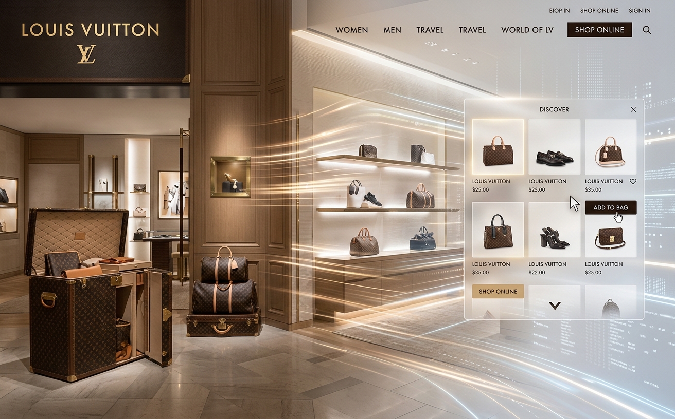 Interface do e-commerce Louis Vuitton com logotipo, navegação e vitrine de produtos