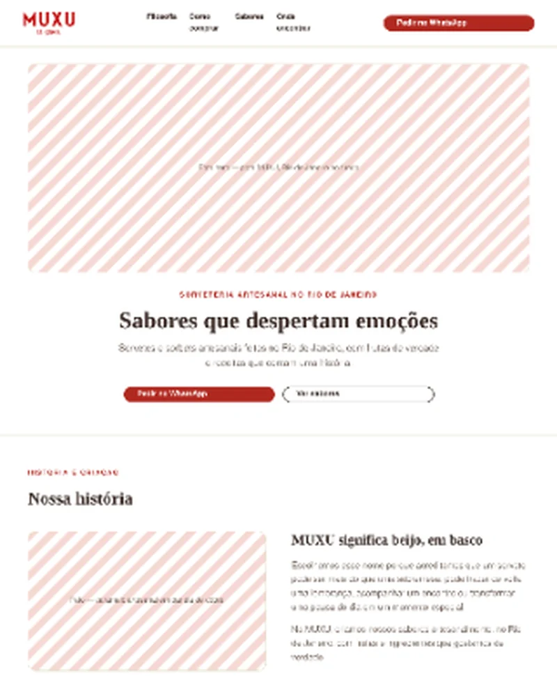 Wireframe do topo do website MUXU, ampliado a partir de uma fonte de 320 px de largura