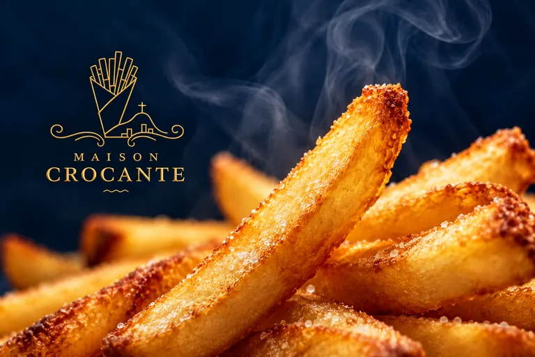 Identidade Maison Crocante em dourado sobre fundo azul-marinho, com batatas fritas douradas em primeiro plano